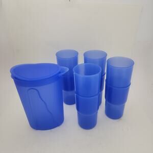 Vintage Tupperware Pitcher & Stackable 12 oz Tumblers set of 8  Blue #2412B
